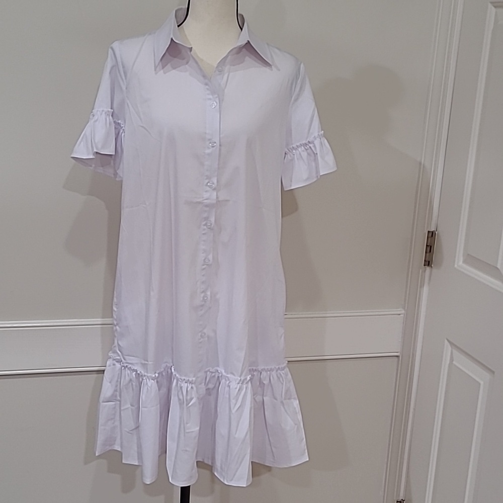 Sunnow White Ruffle Button-Front Shift Dress